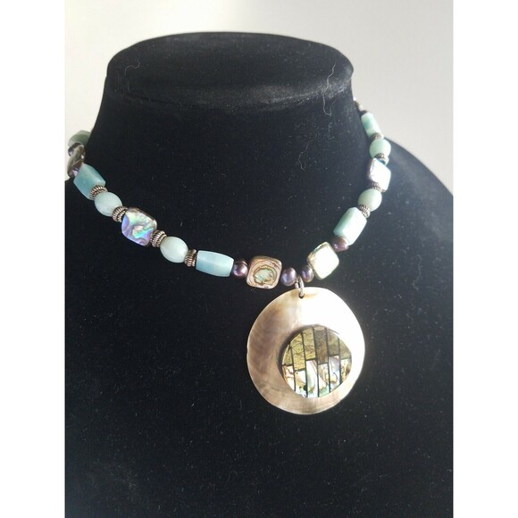 HAND MADE ABALONE PEARLS LIGHT BLUE STONE SILVER TONE NECKLACE 15" gorgeous - Picture 2 of 11